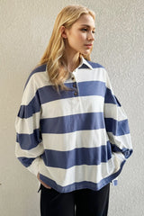 Oh Pima Cotton Wash Wide Striped Collared Neck Long Sleeve Top - kinko