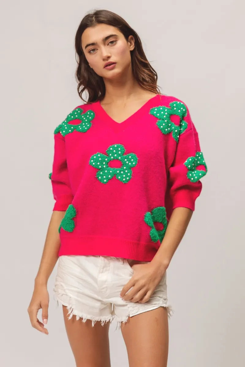 BiBi Pearl Beads Flowers Sweater Top - kinko