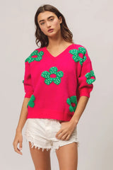 BiBi Pearl Beads Flowers Sweater Top - kinko