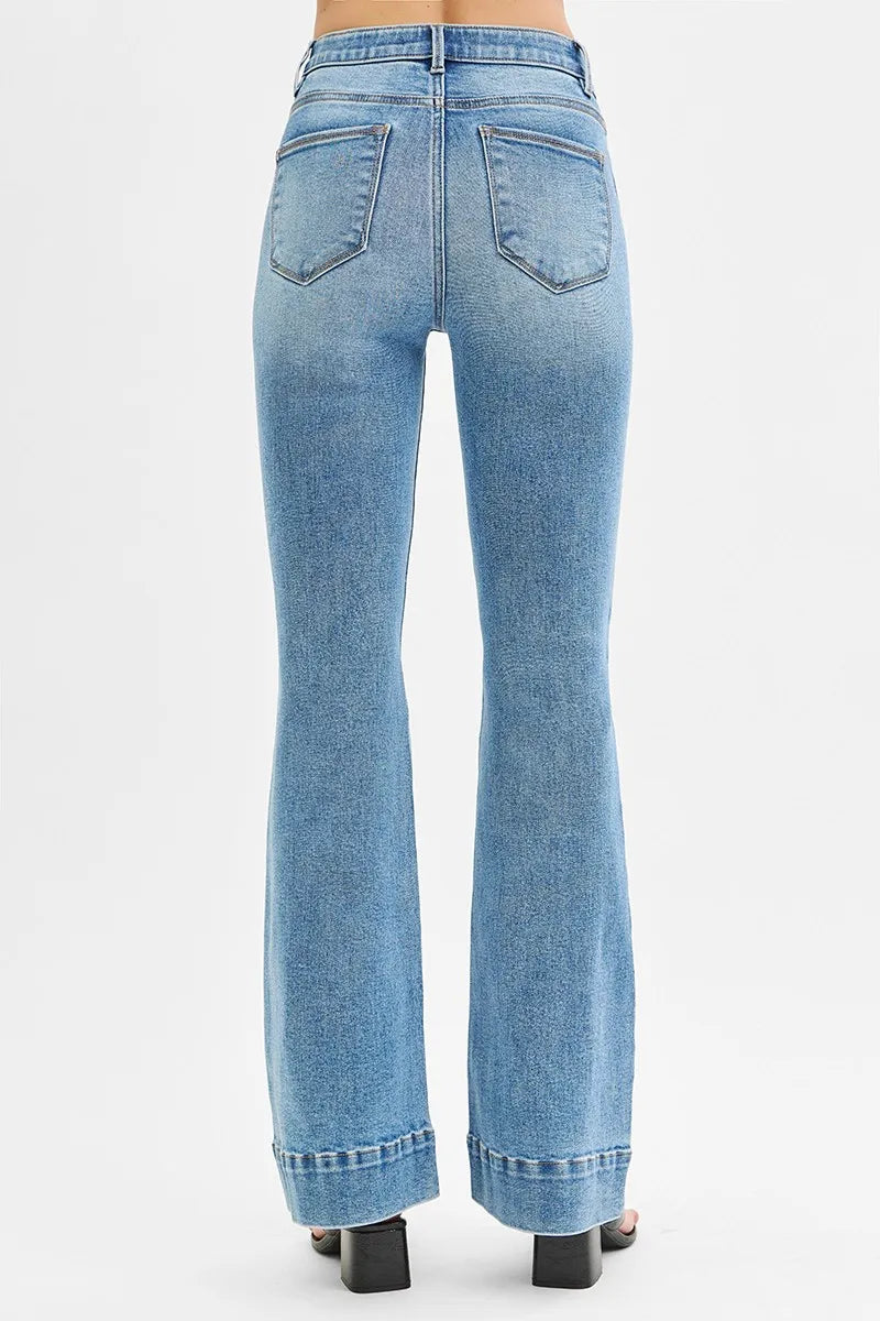 RISEN Full Size Tummy Control Elastic Band High Rise Flare Jeans Plus Size - kinko