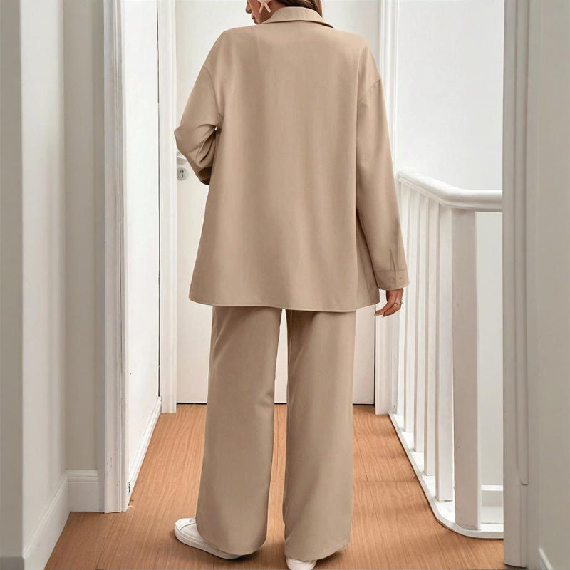 Women's Solid Color Shirt & Pants Set - Long Sleeve Button-Down Top With Elastic Waist Straight Pants Minimalist Casual Outfit - kinko