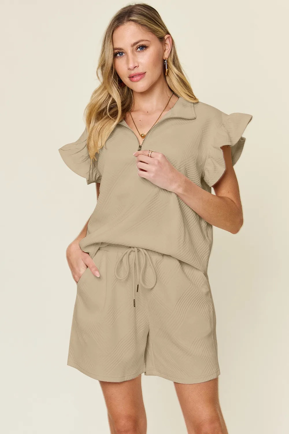 Double Take Full Size Texture Flounce Sleeve Top and Drawstring Shorts Set - kinko