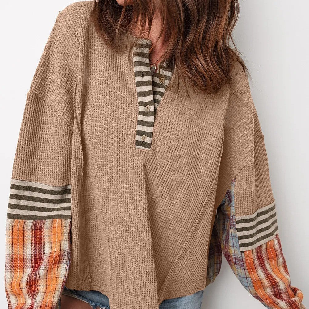 Straw Yellow Waffle Stripe Plaid Patchwork Henley Knit Top - kinko