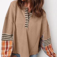 Straw Yellow Waffle Stripe Plaid Patchwork Henley Knit Top - kinko