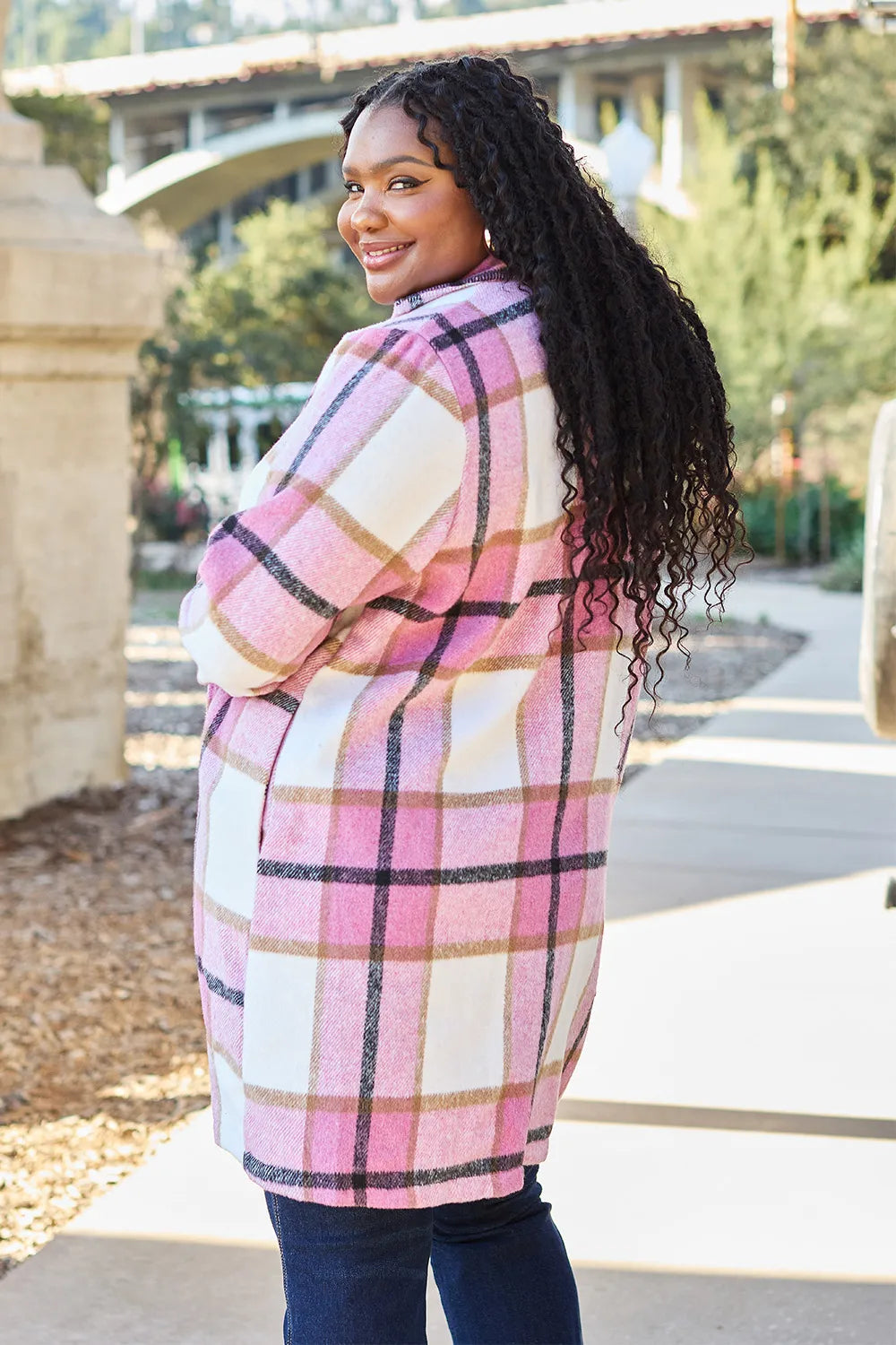 Double Take Full Size Plaid Button Up Lapel Collar Coat - kinko
