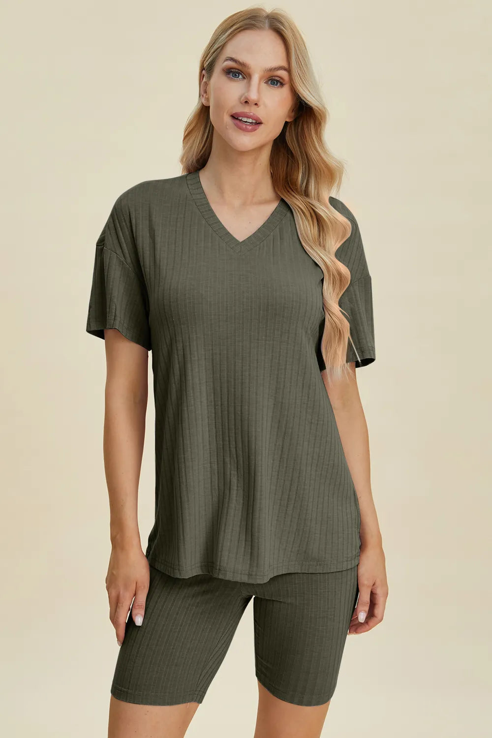 Basic Bae Full Size Ribbed V-Neck Short Sleeve Top and Shorts Set - kinko