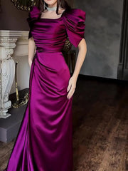 Elegant Puff Sleeve Pleated Slit Maxi Dress - kinko