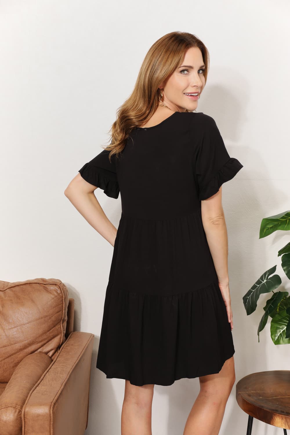 Mandy V-Neck Flounce Sleeve Tiered Dress - kinko