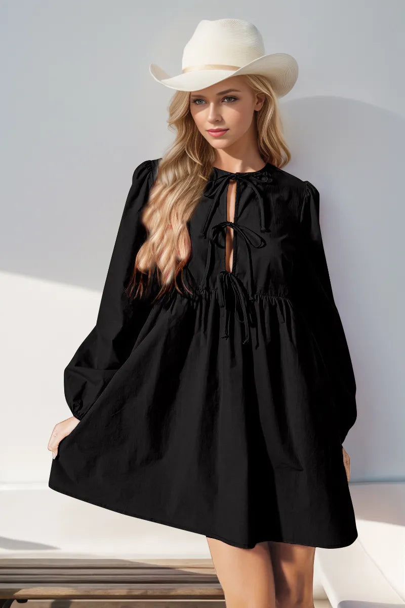 Double Take Christmas Front Tied Long Sleeve Mini Dress - kinko