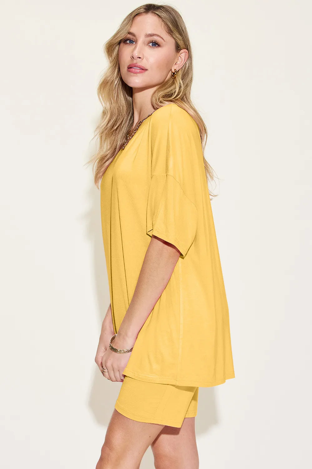 Basic Bae Bamboo Full Size V-Neck Drop Shoulder T-Shirt and Shorts Set - kinko