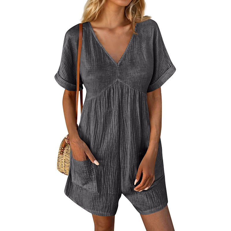 Womens Summer Romper Casual Short Sleeve V Neck Short Jumpsuits With Pockets - kinko