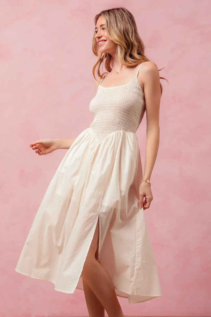 SO ME Smocked Sleeveless Casual Everyday Dress With Slit - kinko