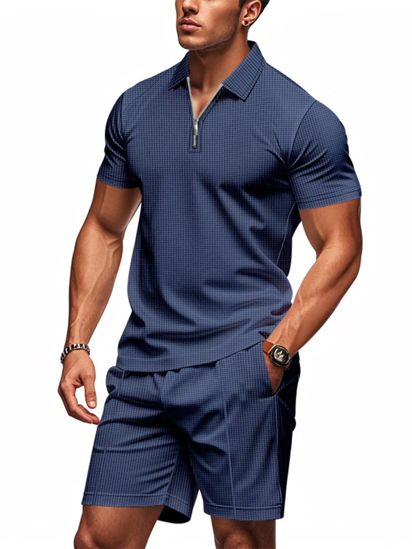 Men's Plus Size Quarter Zip Short Sleeve Top and Shorts Set - kinko