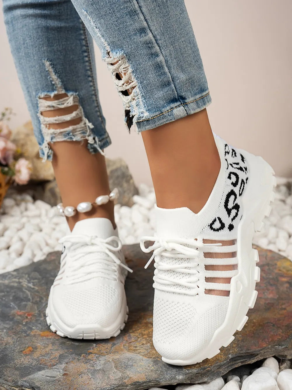Cutout Leopard Lace Up Mesh Athletic - kinko