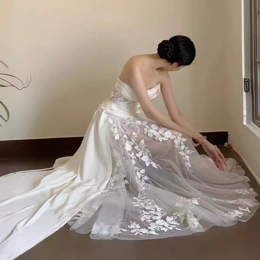 Satin Lace Wedding Veil Tube Top Fishtail Wedding Dress - kinko