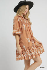 Umgee Boarder Print Tassel Tie Neck Mini Dress - kinko