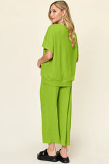 Double Take Full Size Texture Round Neck Short Sleeve T-Shirt and Wide Leg Pants - kinko