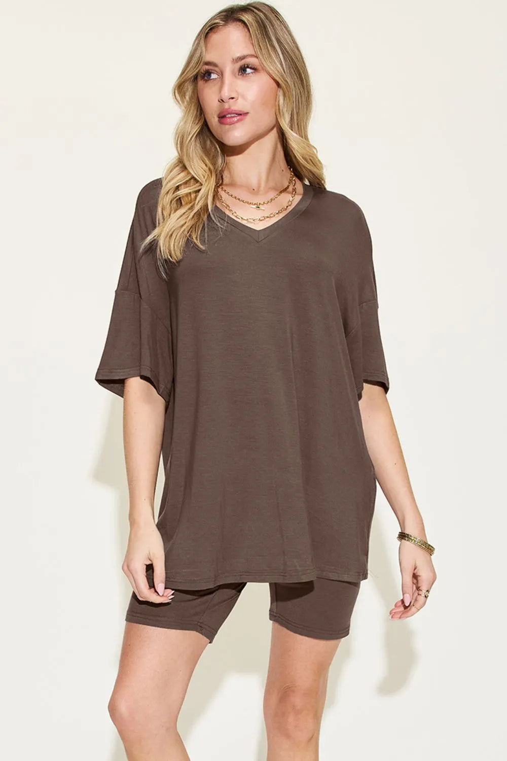 Basic Bae Full Size V-Neck Drop Shoulder T-Shirt and Shorts Set - kinko