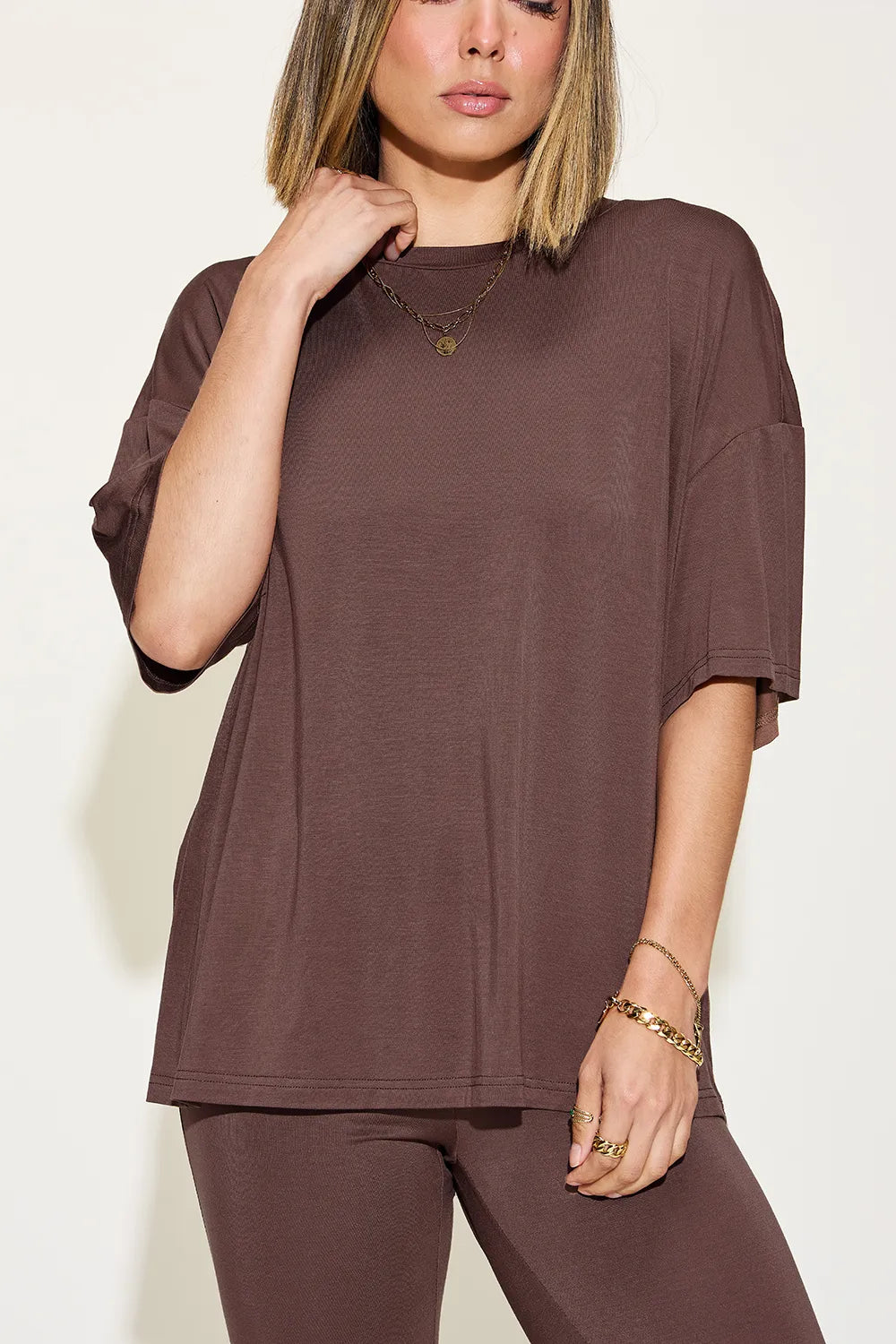 Basic Bae Full Size Bamboo Drop Shoulder T-Shirt and Flare Pants Set - kinko
