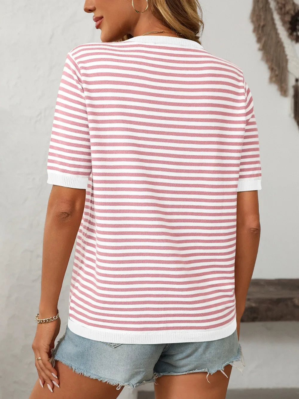 Mandy Striped Round Neck Half Sleeve Knit Top - kinko