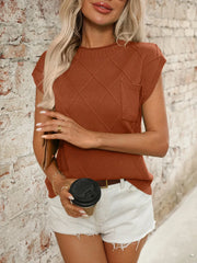 Round Neck Cap Sleeve Knit Top - kinko