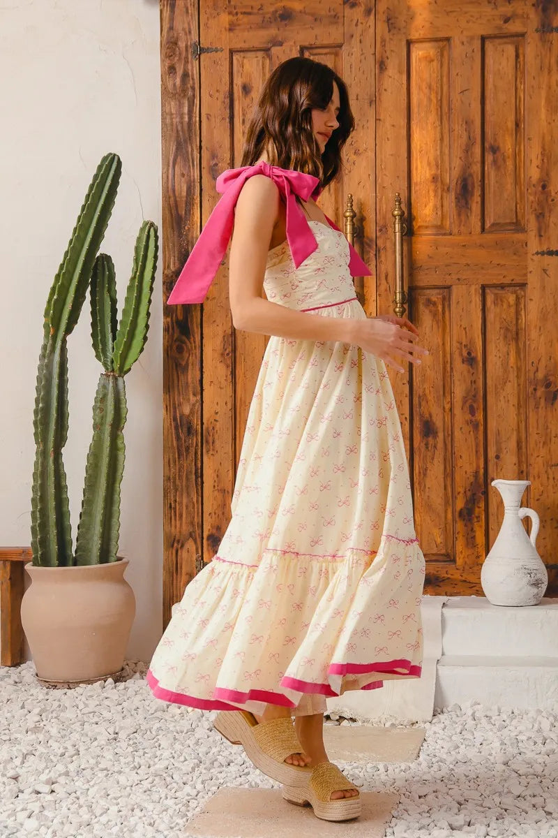 SO ME Ribbon Flowy Maxi Dress with Contrast Trim - kinko