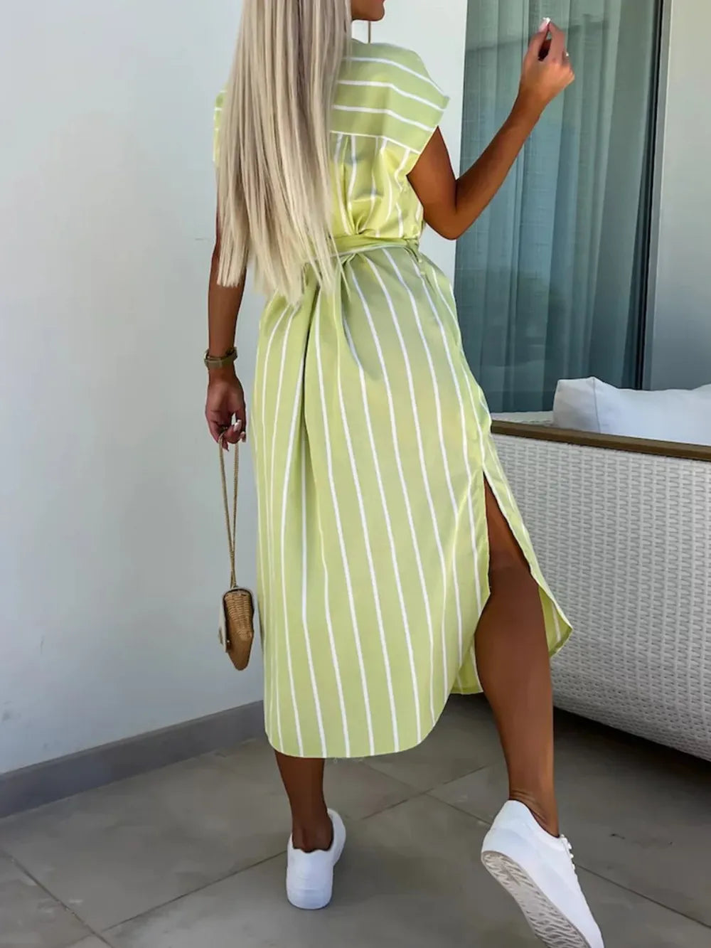 Striped Tie Waist Short Sleeve Dress - kinko