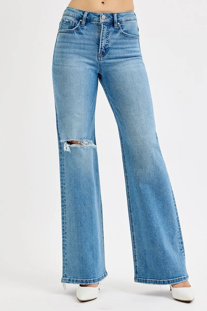 RISEN Full Size Distressed Wide Leg Jeans Plus Size - kinko