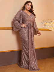 Women's Sequin Long Sleeved V-neck Pleated Dress - kinko