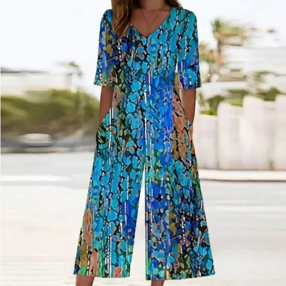Spring And Summer Print Women's Pocket Collar Jumpsuit - kinko