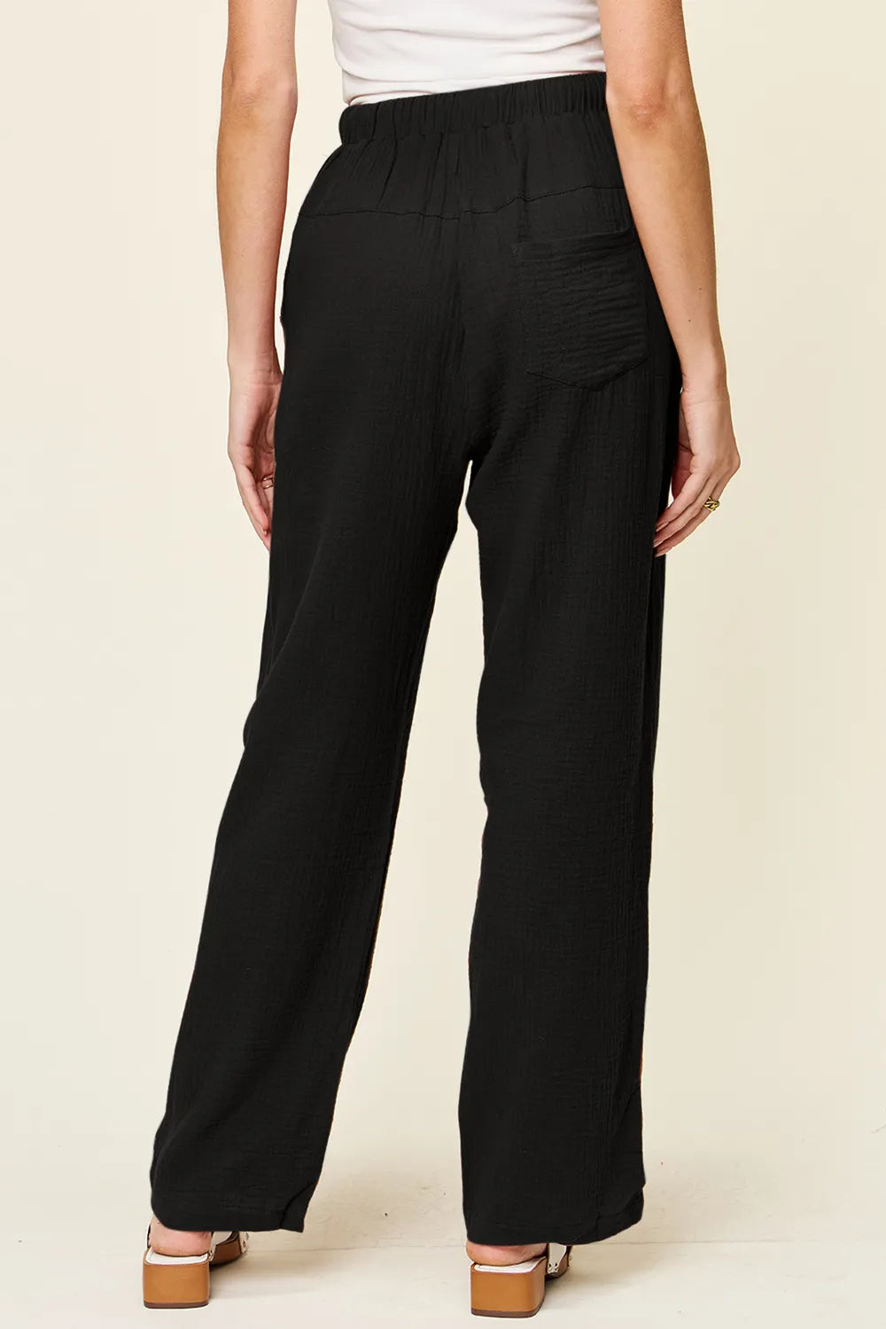 Double Take Full Size Texture Drawstring Straight Pants - kinko