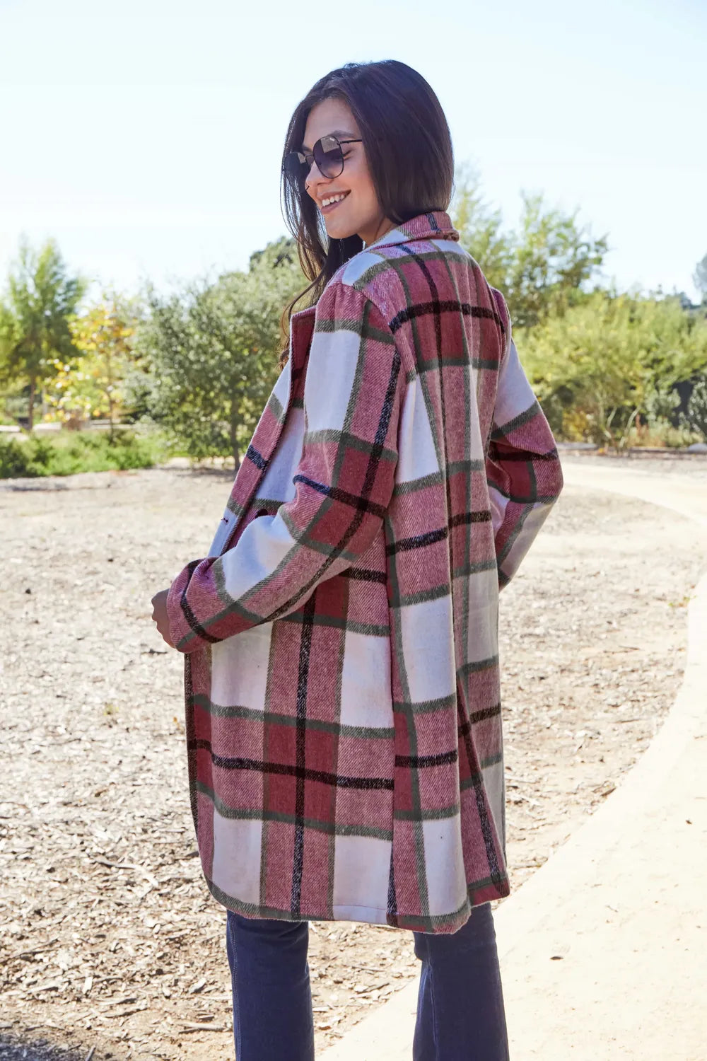 Double Take Full Size Plaid Button Up Lapel Collar Coat - kinko