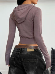 Drawstring Zip-Up Hooded Cardigan - kinko