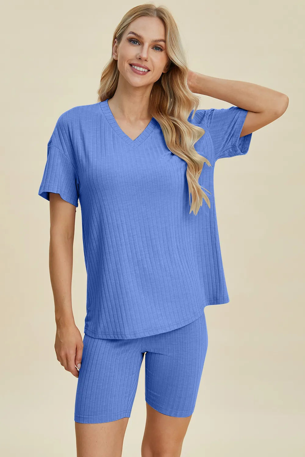 Basic Bae Full Size Ribbed V-Neck Short Sleeve Top and Shorts Set - kinko
