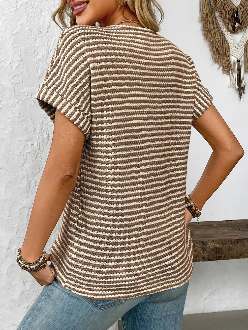 Striped Notched Short Sleeve T-Shirt - kinko