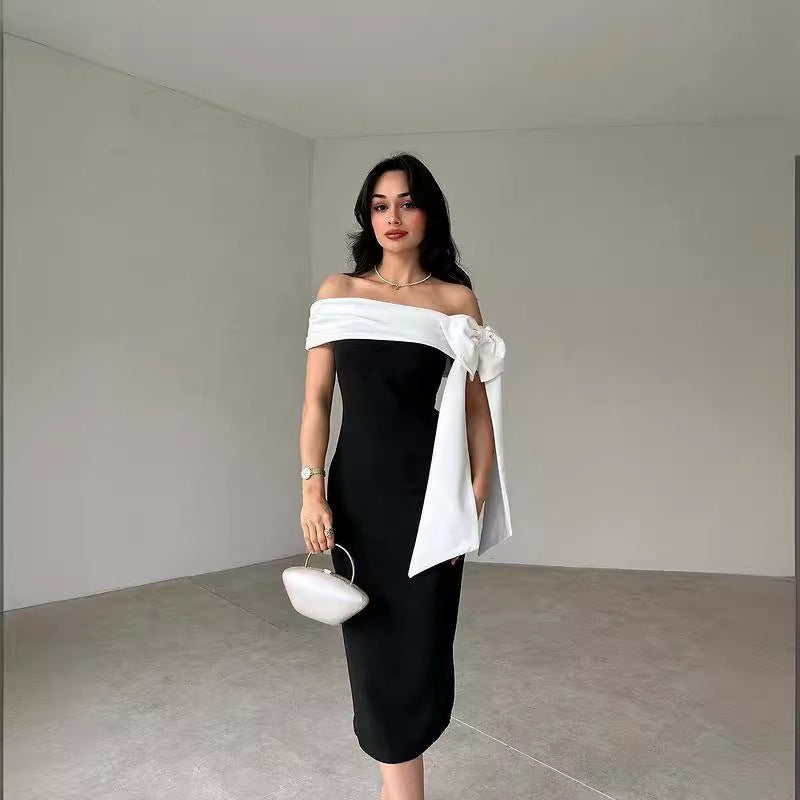 Women's Off-shoulder Bow Black And White Color Matching Elegant Cocktail Dress - kinko