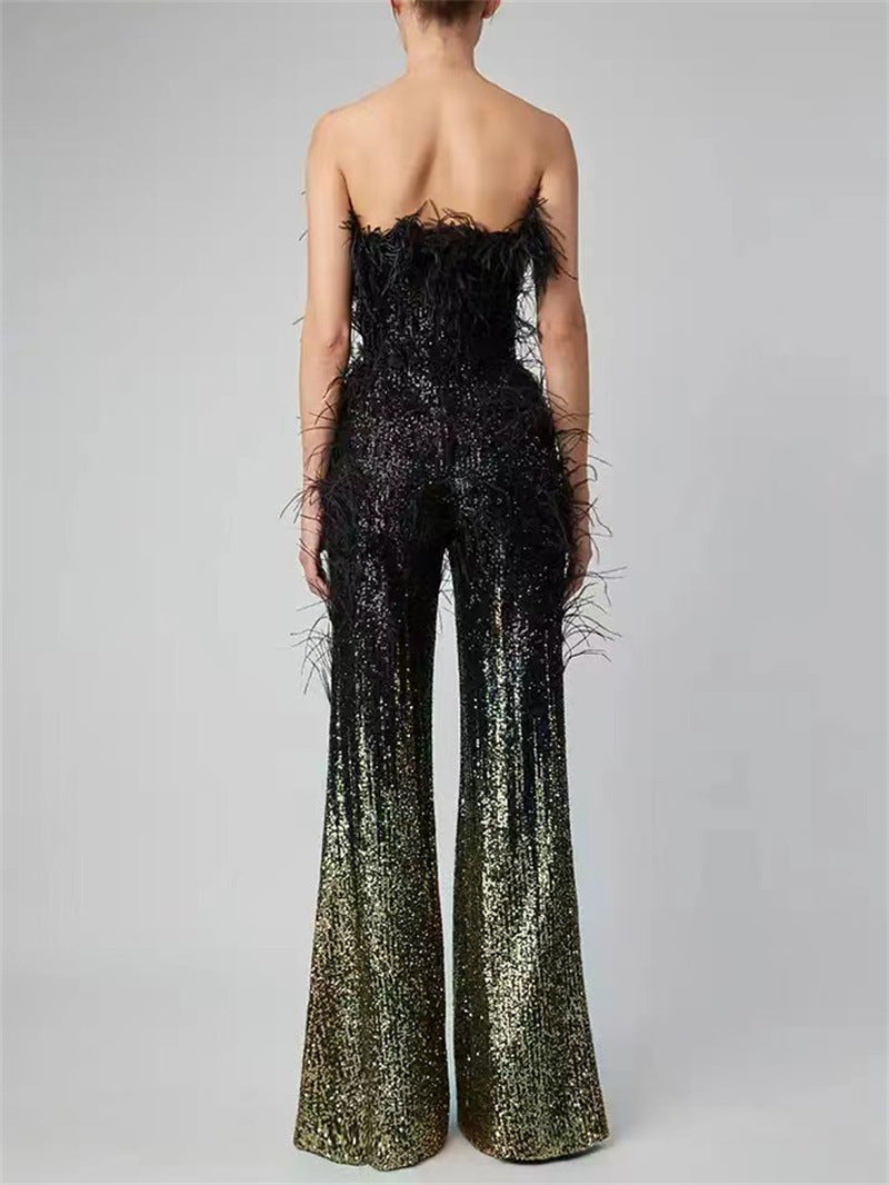 Ostrich Feather Gradient Sequin Tube Top Jumpsuit - kinko