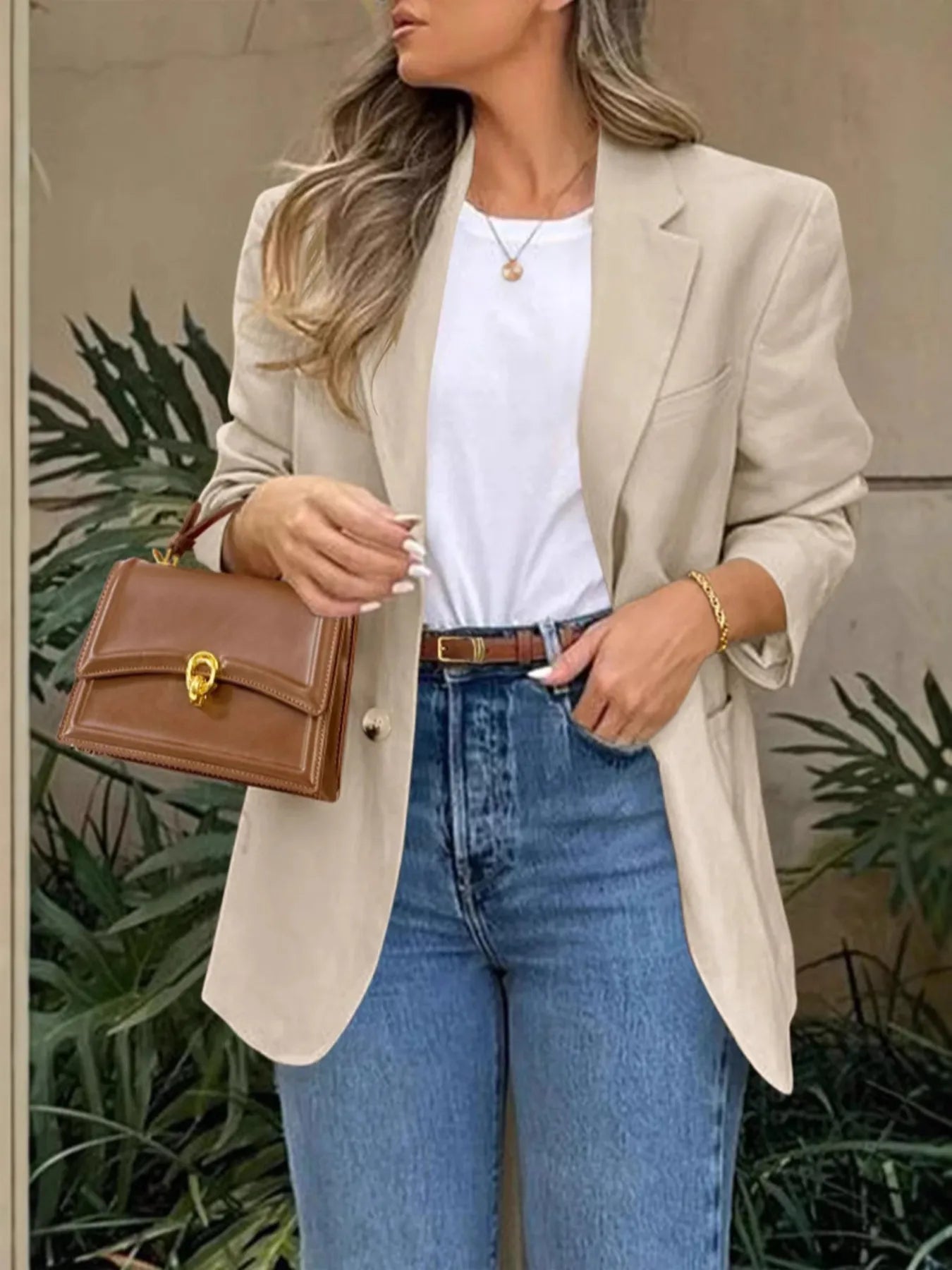 Pocketed Lapel Collar Long Sleeve Blazer - kinko