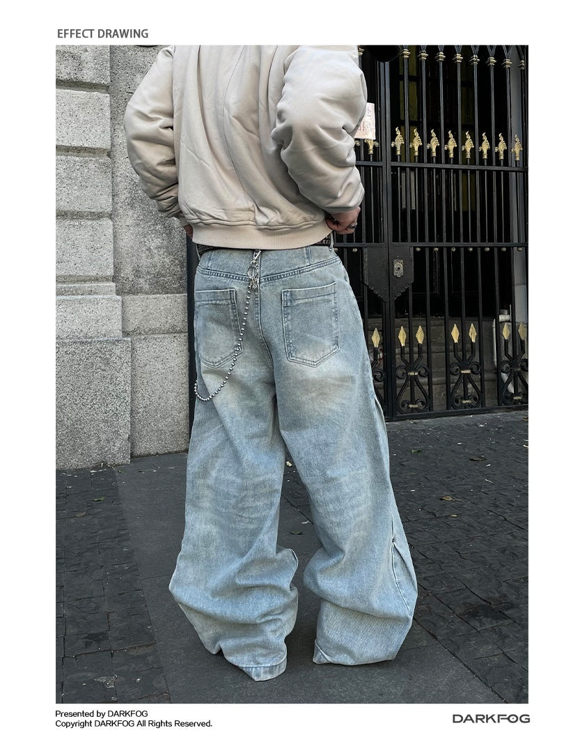 American-style Side Double-oblique Pleated Washed Wide-leg Jeans - kinko