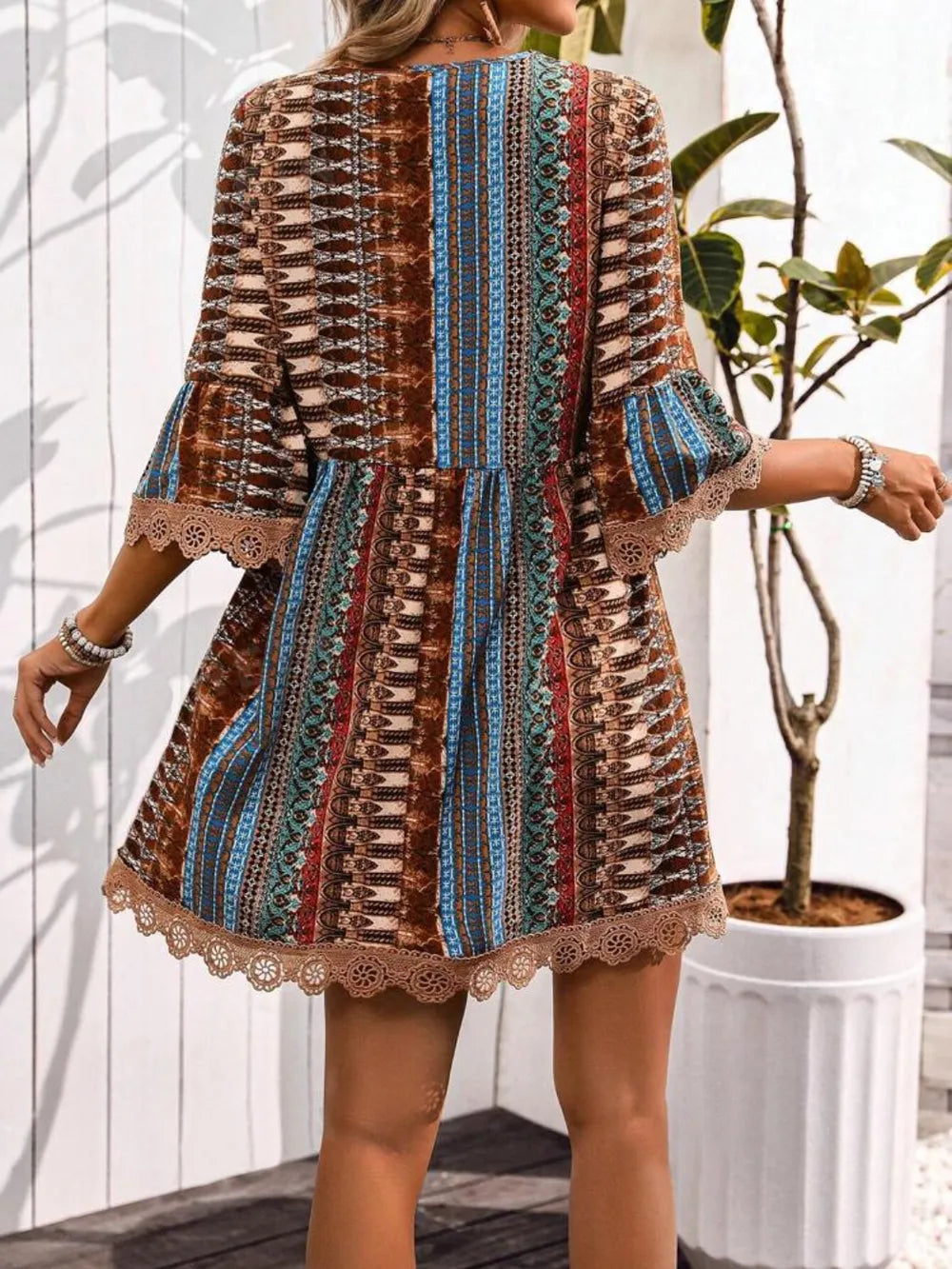 Lace Trim Printed V-Neck 3/4 Sleeve Dress - kinko