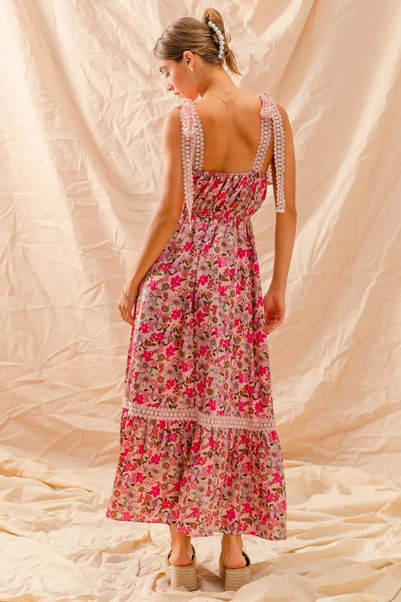 SO ME Floral Maxi Dress With Ribbon Tie Lace Strap - kinko