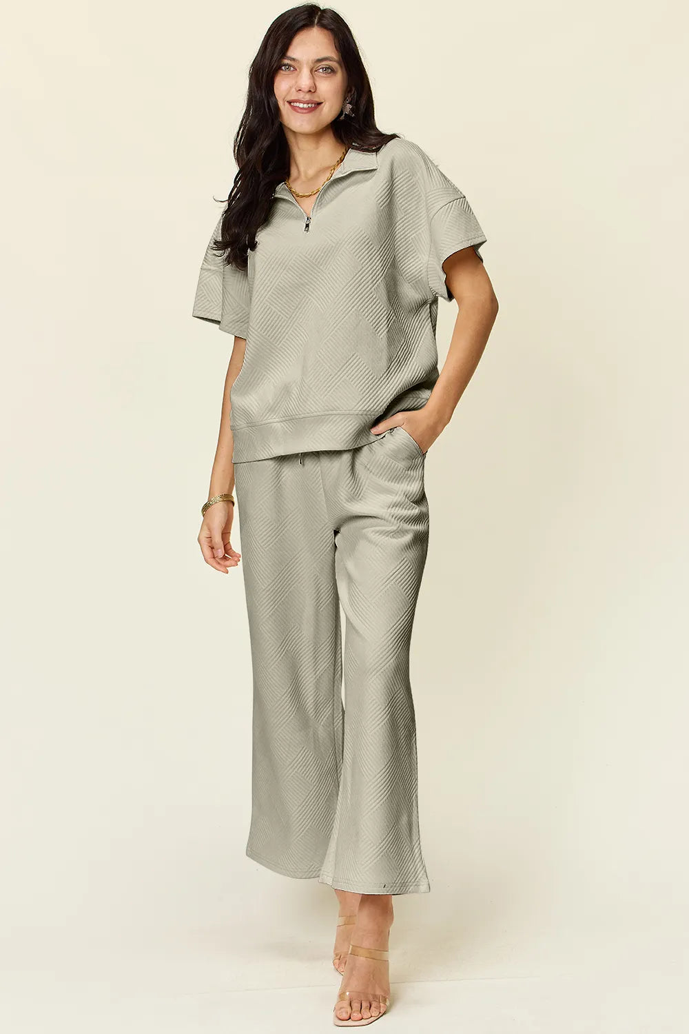 Double Take Full Size Texture Half Zip Short Sleeve Top and Pants Set - kinko
