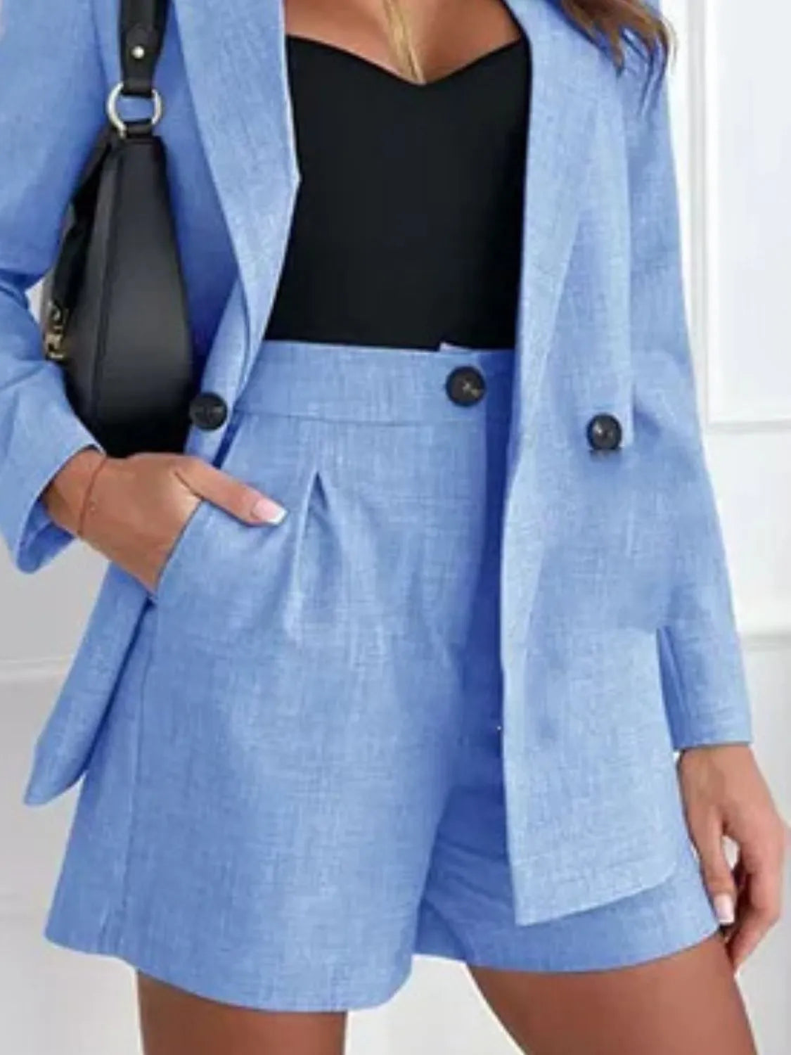 One Button Lapel Collar Blazer and Shorts Set - kinko