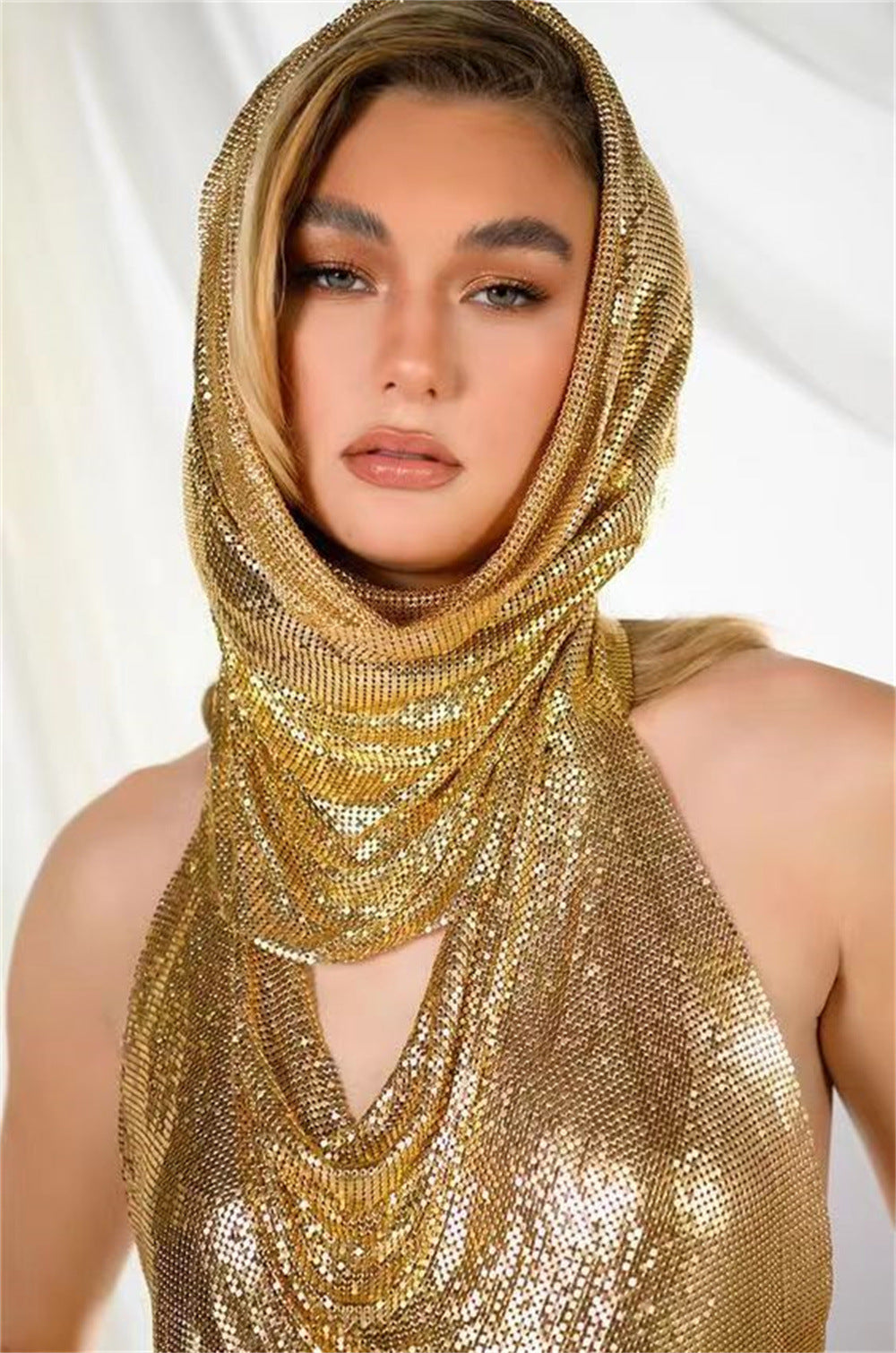 Back Slit Metal Sequins Top Scarf Two-piece Set - kinko