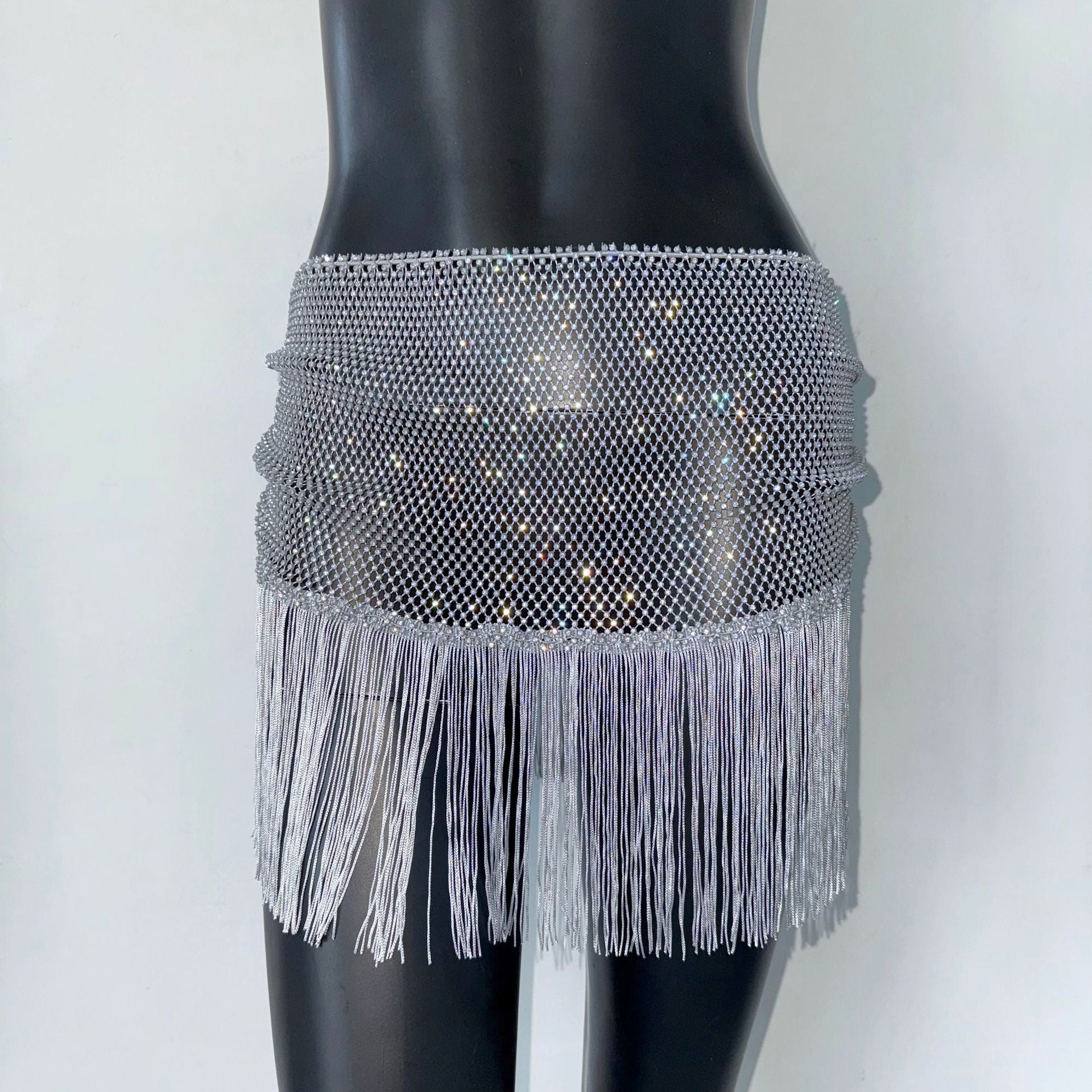 Half-length Tassel Stitching Fishnet Rhinestone Elastic Skirt - kinko