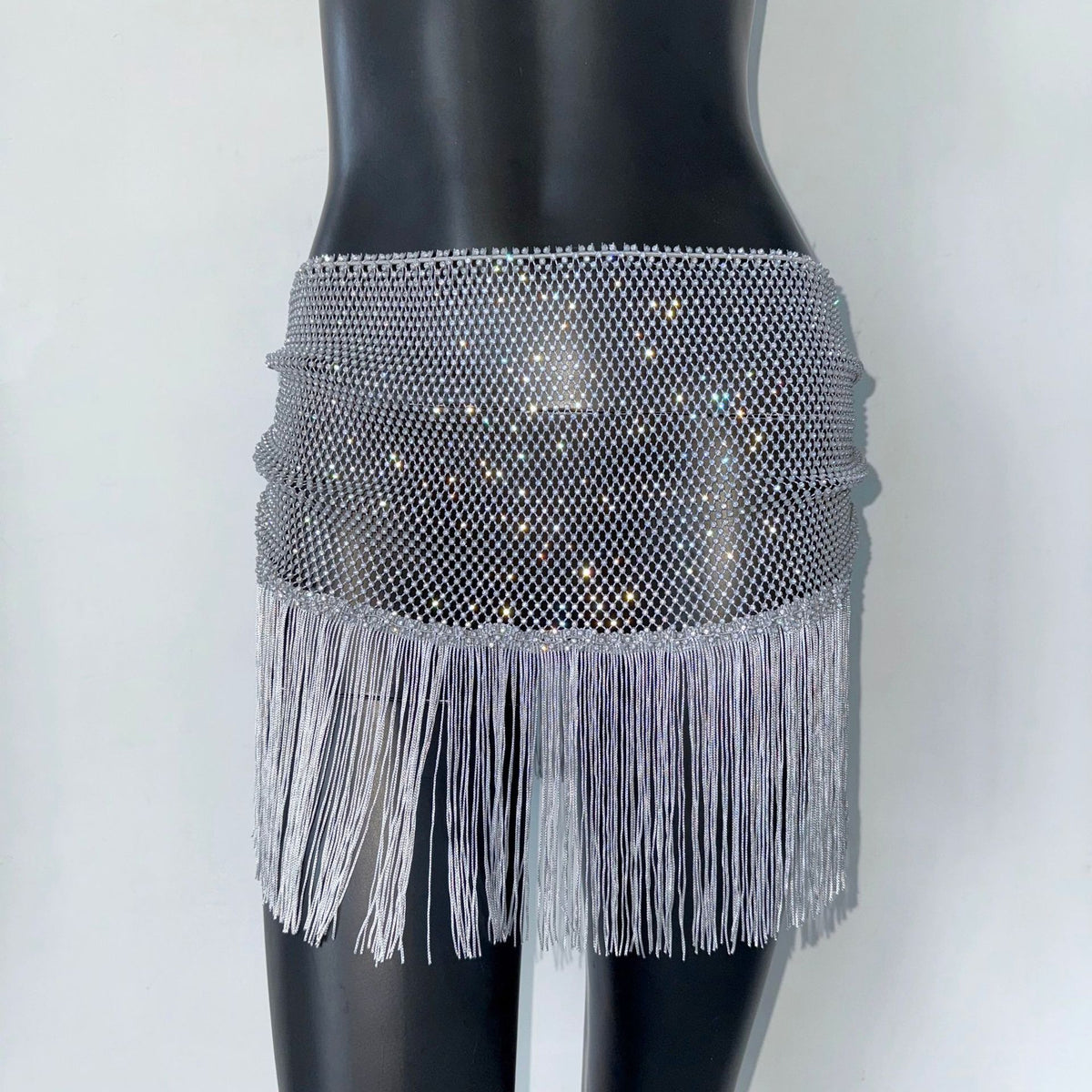 Half-length Tassel Stitching Fishnet Rhinestone Elastic Skirt - kinko