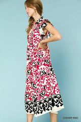 Umgee Printed Ruffled Cap Sleeve Midi Dress - kinko