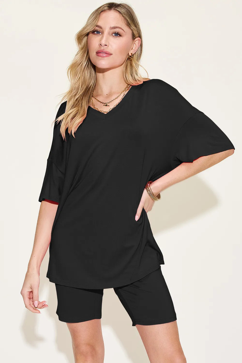 Basic Bae Bamboo Full Size V-Neck Drop Shoulder T-Shirt and Shorts Set - kinko
