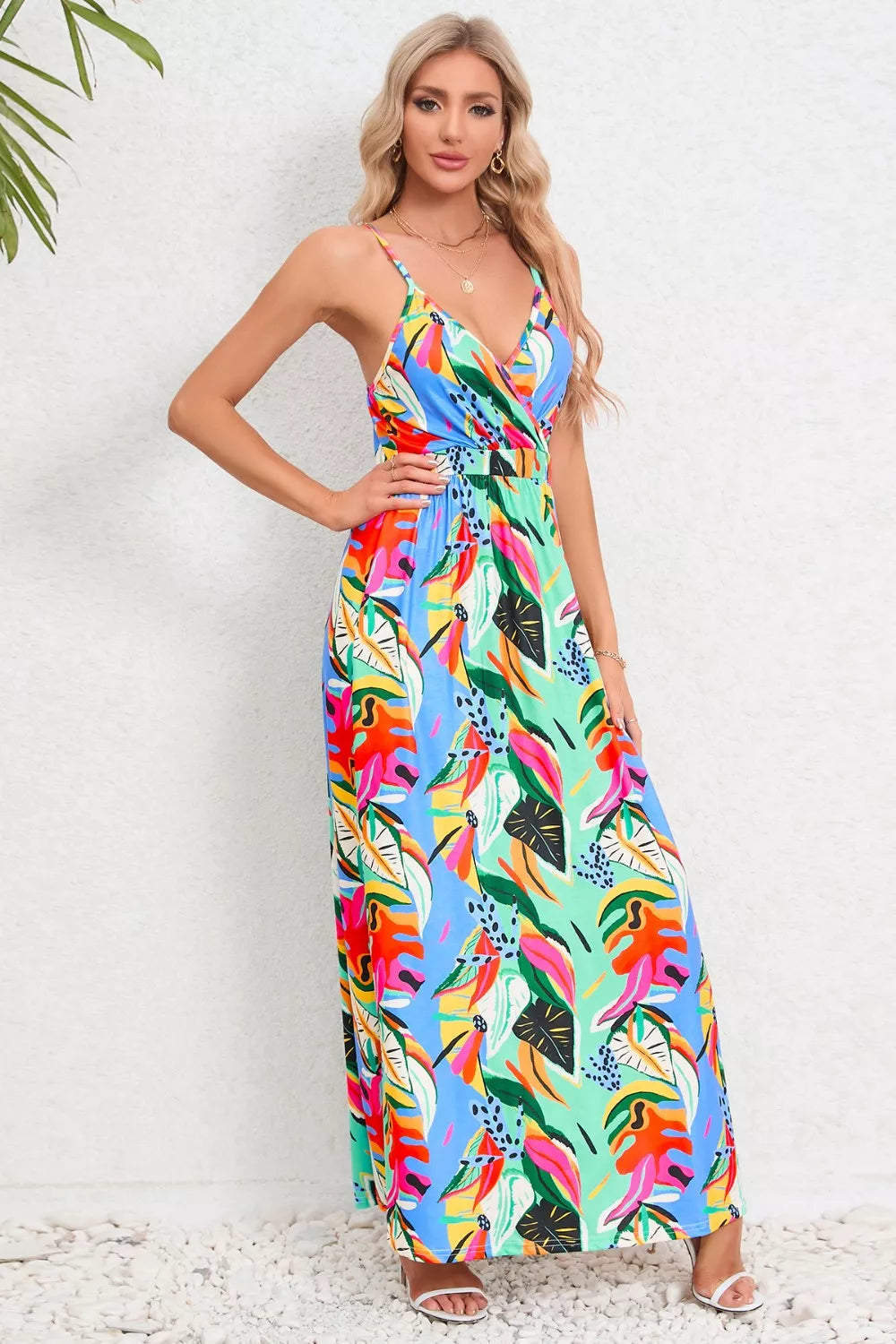 Printed Surplice Maxi Cami Dress - kinko