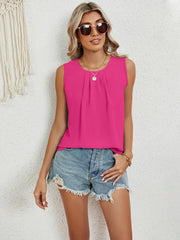 Round Neck Sleeveless Top with Pleated Front Detail - kinko